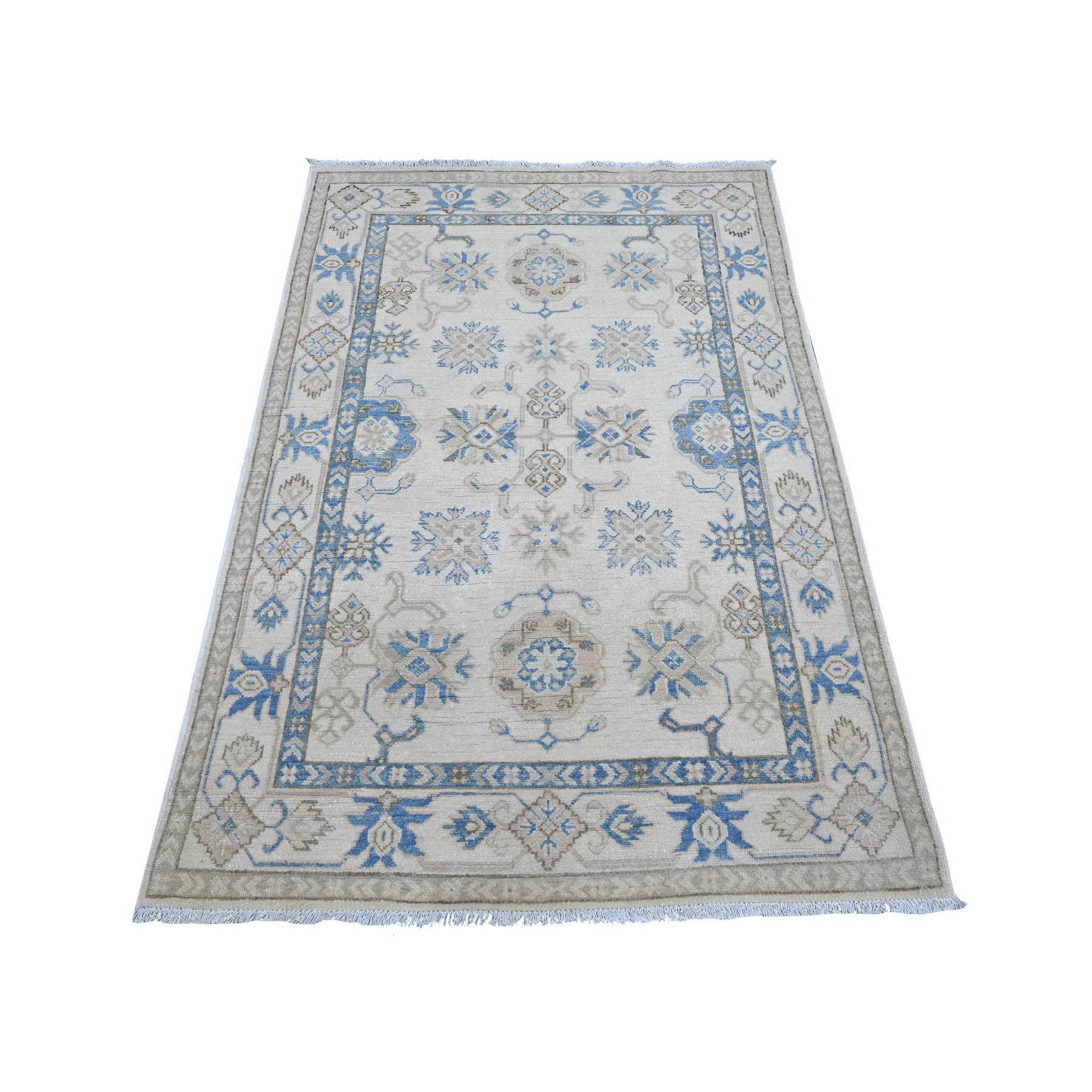 3'10"x5'8" Alabaster White, Vintage Look Kazak with All Over Design, 100% Wool, Hand Knotted, Natural Dyes, Oriental Rug 